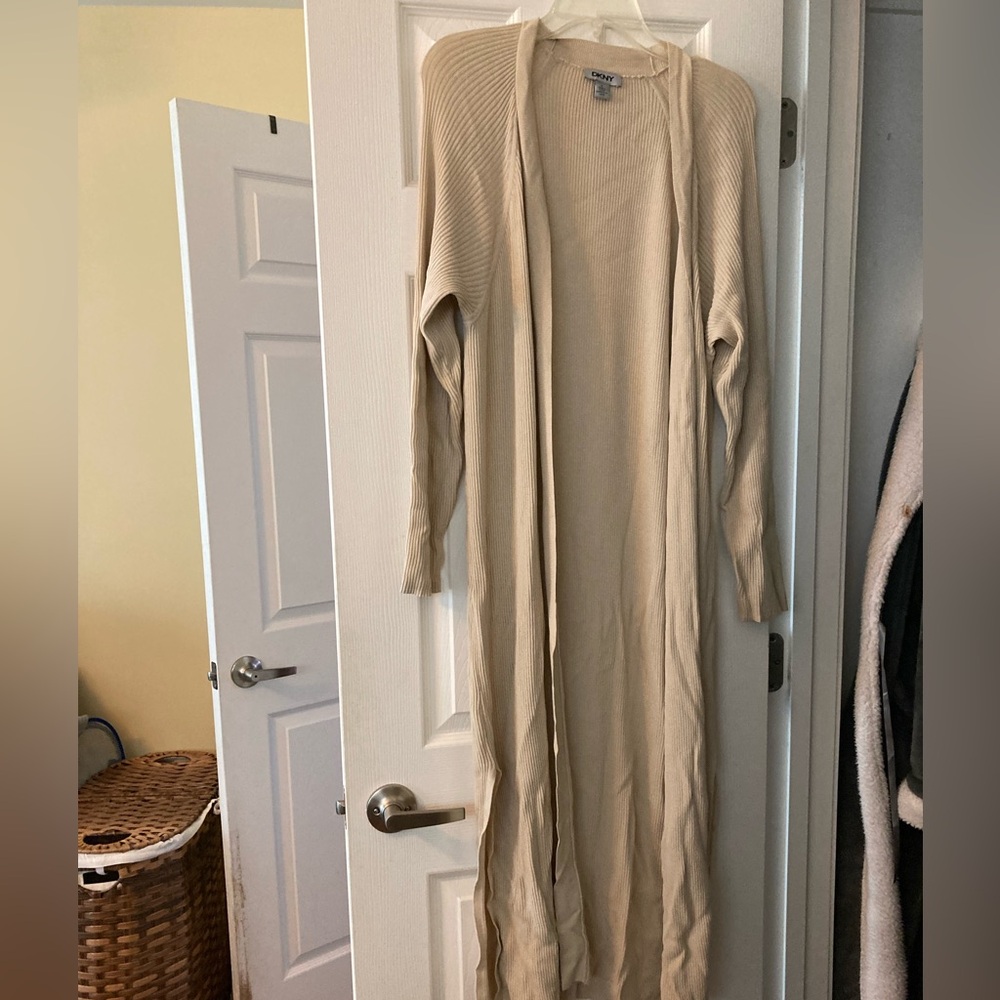DKNY Ribbed Knit Duster in Cream